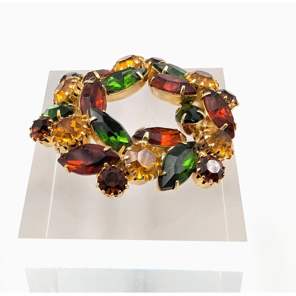 Vintage Marquise Rhinestone Wreath Brooch Gold Tone‎ 3D Fall Autumn
